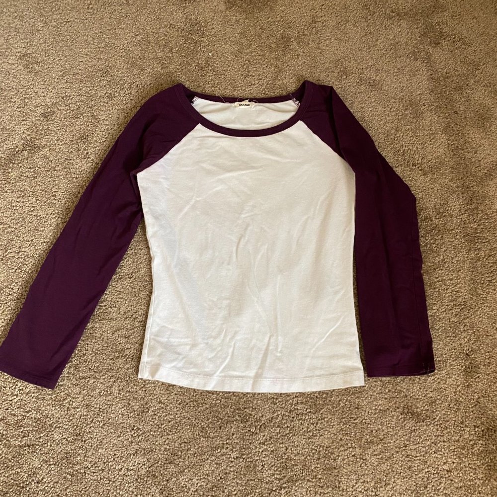 Garage Baseball Tee 3/4 Sleeve Top White and Purple